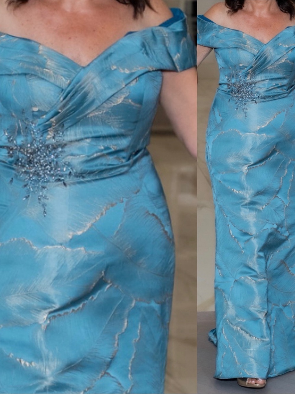 Off-Shoulder Aqua Blue Evening Gown with Embellished Waist